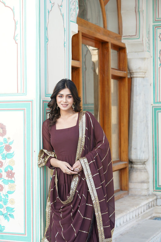 Jyoti Fashion Women's Coffee Faux Georgette Frill Work Partywear Anarkali Dress with Dupatta