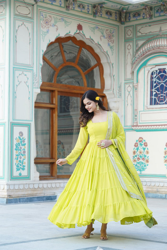 Parrot Green Faux Georgette Frill Anarkali Dress with Dupatta
