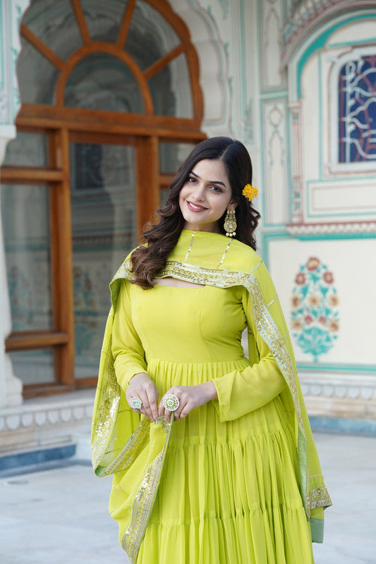 Parrot Green Faux Georgette Frill Anarkali Dress with Dupatta