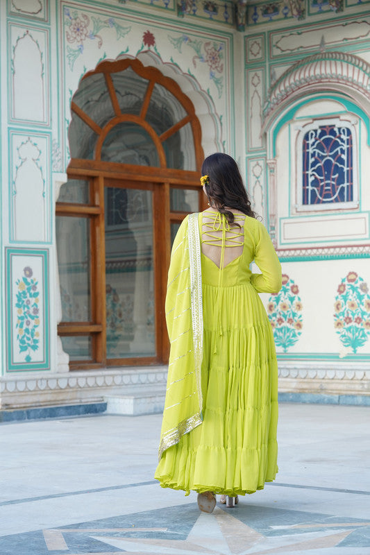 Parrot Green Faux Georgette Frill Anarkali Dress with Dupatta