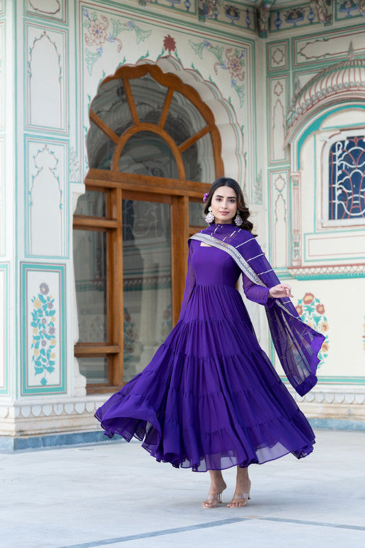 Women's Purple Faux Georgette Frill Anarkali Dress with Dupatta