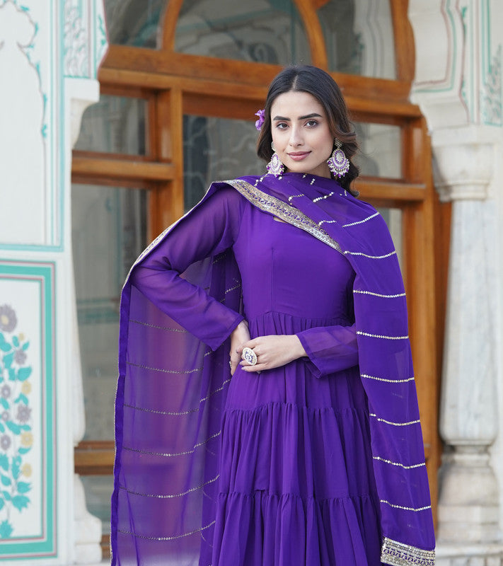 Women's Purple Faux Georgette Frill Anarkali Dress with Dupatta