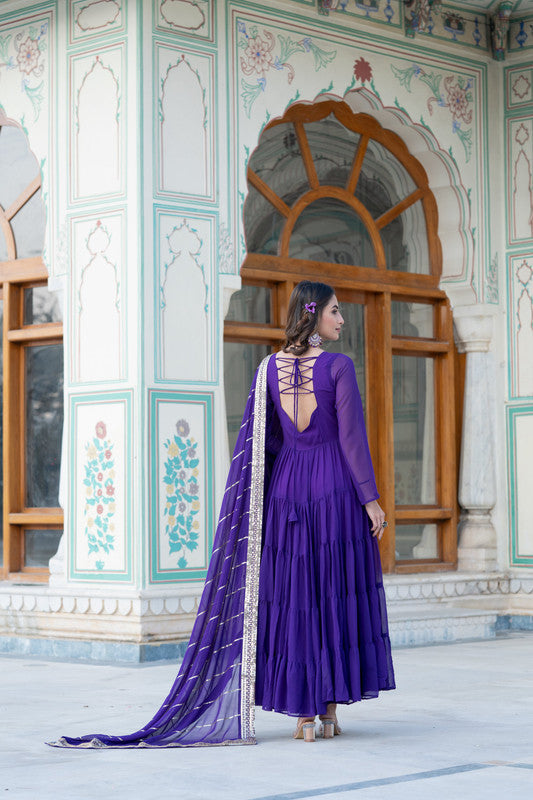 Women's Purple Faux Georgette Frill Anarkali Dress with Dupatta