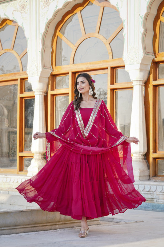 Rani Pink Faux Georgette Frill Anarkali Dress for Parties