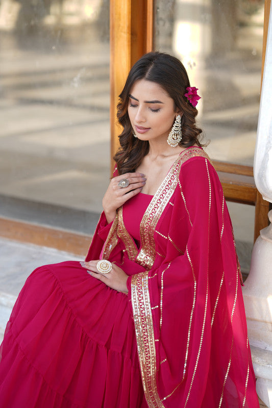 Rani Pink Faux Georgette Frill Anarkali Dress for Parties