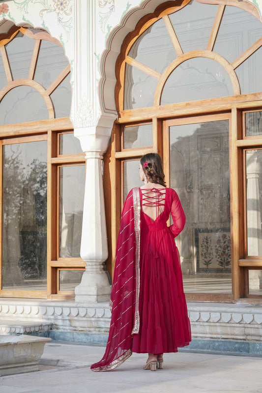 Rani Pink Faux Georgette Frill Anarkali Dress for Parties