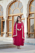 Rani pink floor-length Anarkali dress with frill accents and dupatta