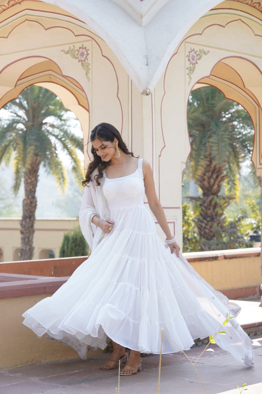 White Faux Georgette Frill Detail Anarkali Dress with Dupatta