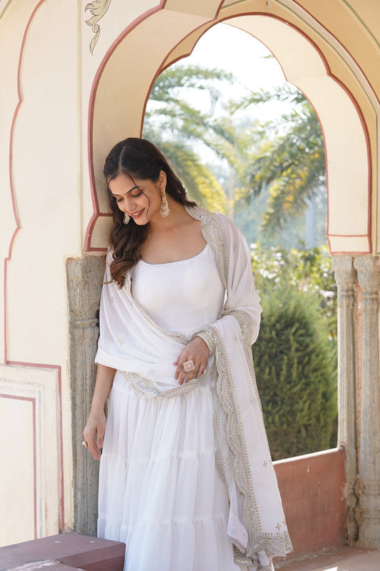 White Faux Georgette Frill Detail Anarkali Dress with Dupatta
