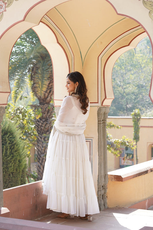 White Faux Georgette Frill Detail Anarkali Dress with Dupatta