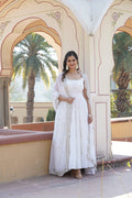 White faux georgette Anarkali dress with elegant frill detailing and matching dupatta