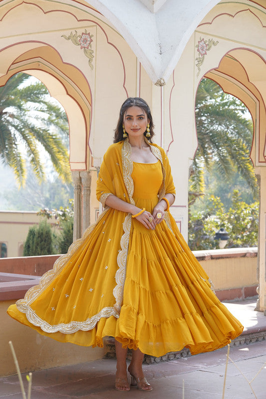 Yellow Faux Georgette Frill Work Partywear Anarkali Dress