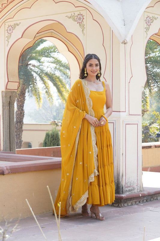Yellow Faux Georgette Frill Work Partywear Anarkali Dress