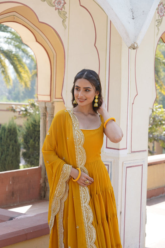 Yellow Faux Georgette Frill Work Partywear Anarkali Dress