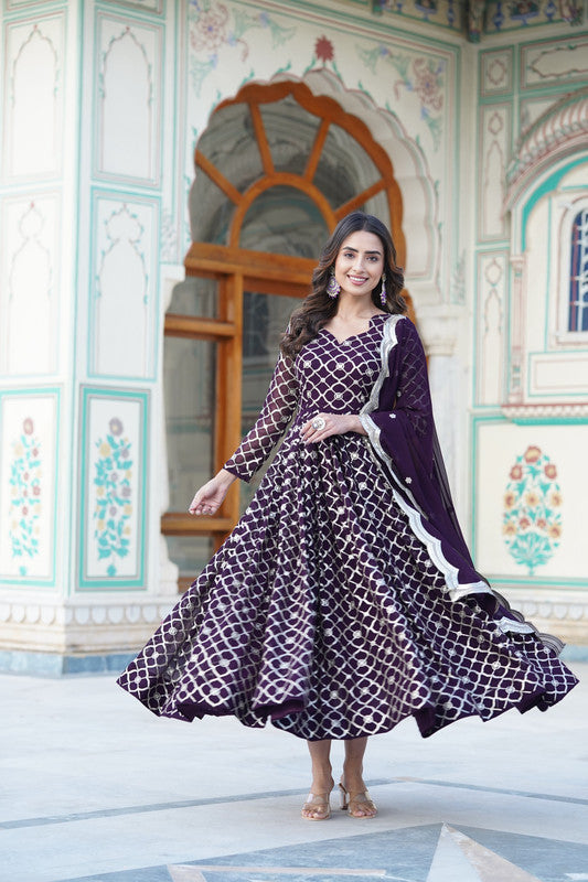 Wine Faux Blooming Sequins Embroidered Anarkali Dress with Dupatta
