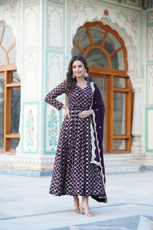 Wine Faux Blooming Sequins Embroidered Anarkali Dress with Dupatta