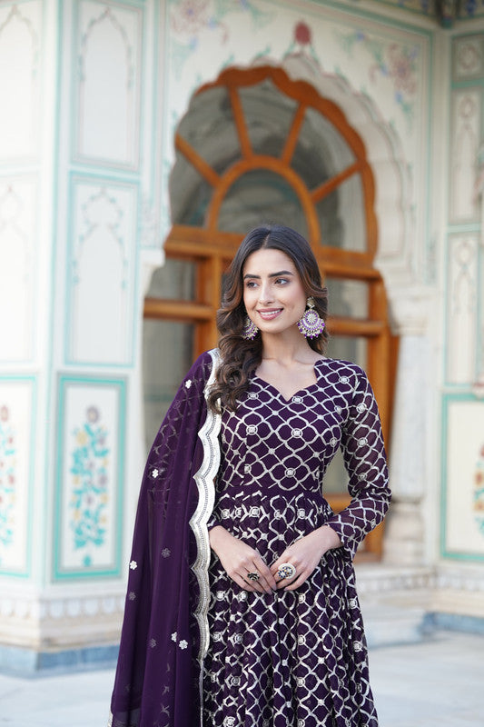 Wine Faux Blooming Sequins Embroidered Anarkali Dress with Dupatta
