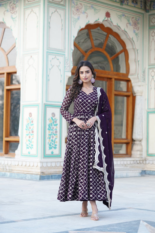 Wine Faux Blooming Anarkali dress with sequins embroidery and matching dupatta