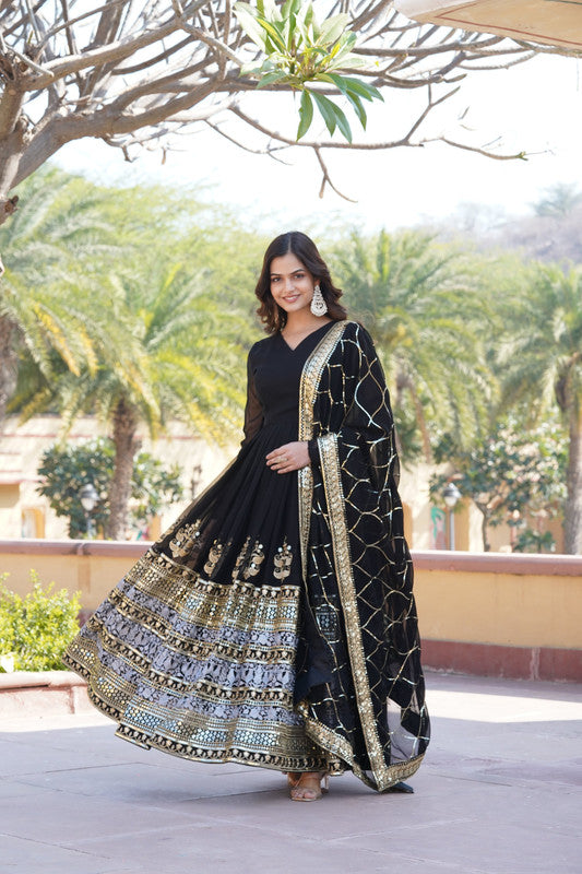 Women's Black Faux Blooming Sequins Embroidered Anarkali Dress