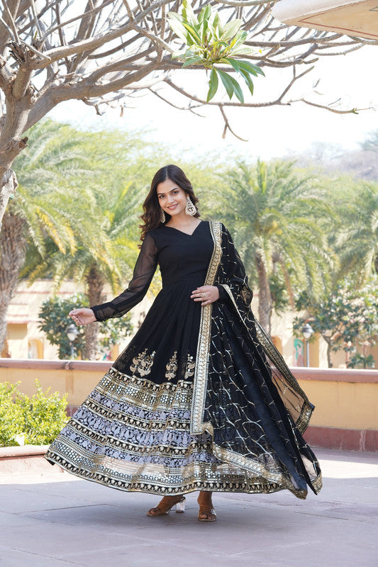 Women's Black Faux Blooming Sequins Embroidered Anarkali Dress