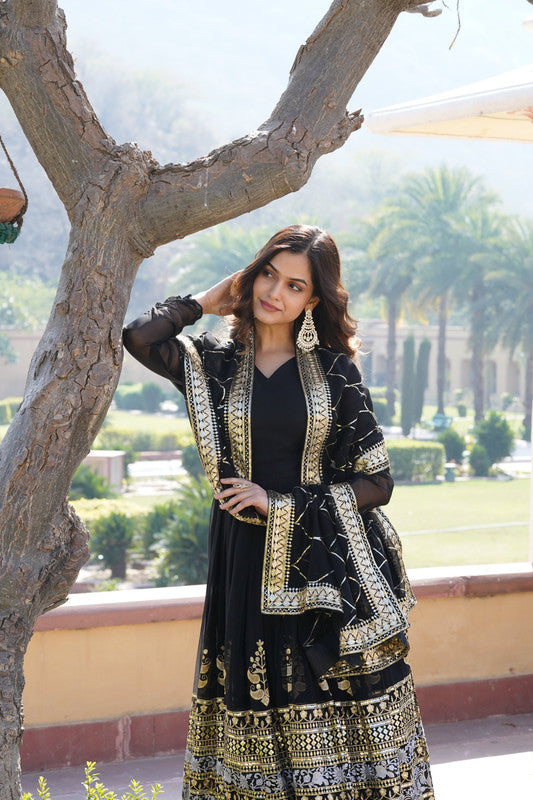 Women's Black Faux Blooming Sequins Embroidered Anarkali Dress