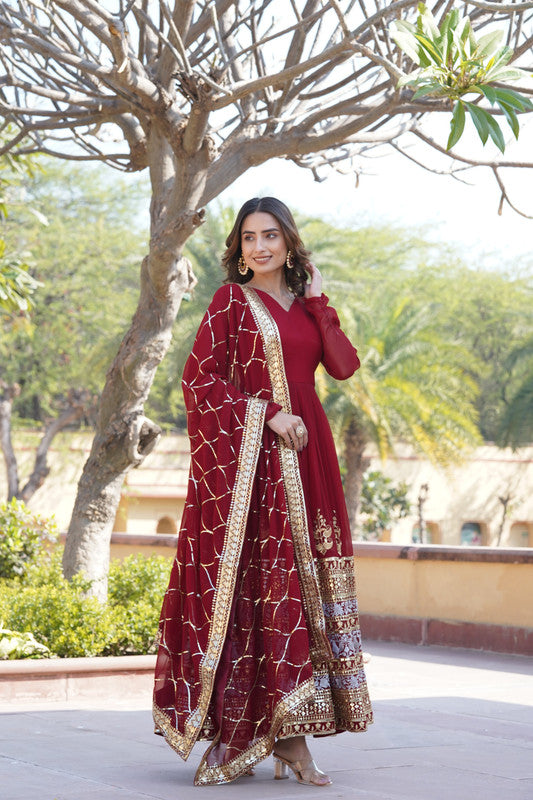 Jyoti Fashion Women's Maroon Faux Blooming Sequins Embroidered Partywear Anarkali Dress with Dupatta