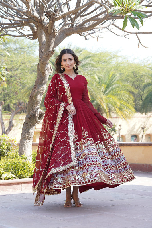 Jyoti Fashion Women's Maroon Faux Blooming Sequins Embroidered Partywear Anarkali Dress with Dupatta