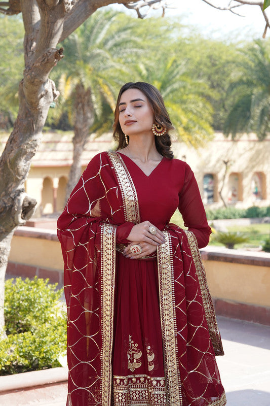 Jyoti Fashion Women's Maroon Faux Blooming Sequins Embroidered Partywear Anarkali Dress with Dupatta