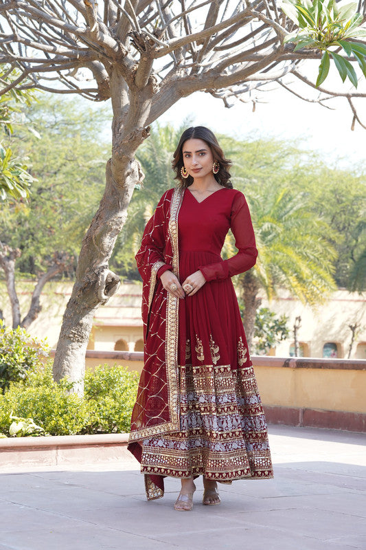 Jyoti Fashion Women's Maroon Faux Blooming Sequins Embroidered Partywear Anarkali Dress with Dupatta