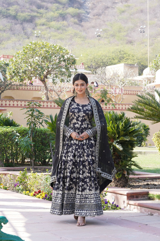 Women's Black Viscose Jacquard Sequins Embroidered Anarkali