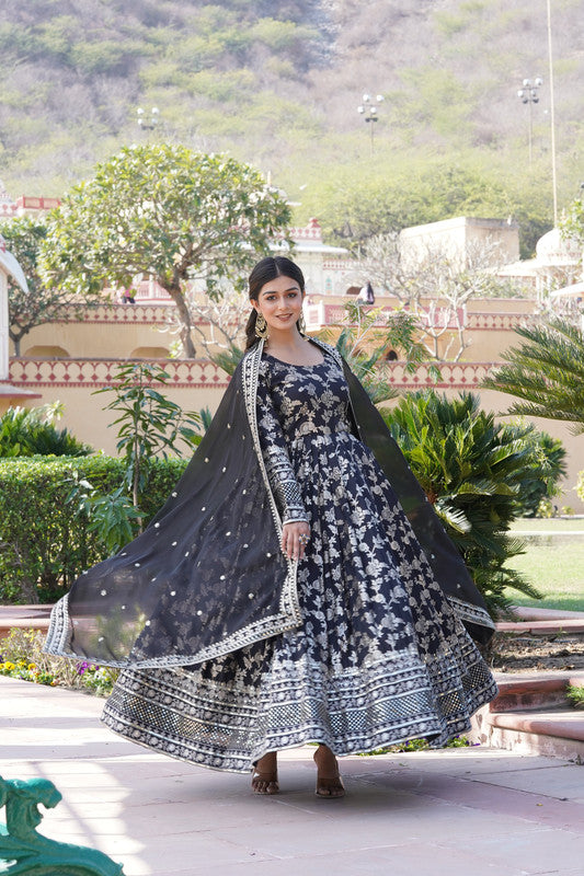 Women's Black Viscose Jacquard Sequins Embroidered Anarkali