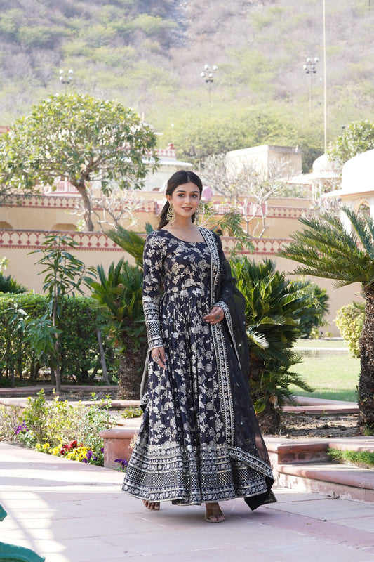 Women's Black Viscose Jacquard Sequins Embroidered Anarkali