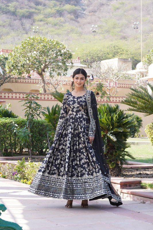 Black Viscose Jacquard Anarkali dress with sequins embroidery