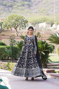 Black Viscose Jacquard Anarkali dress with sequins embroidery