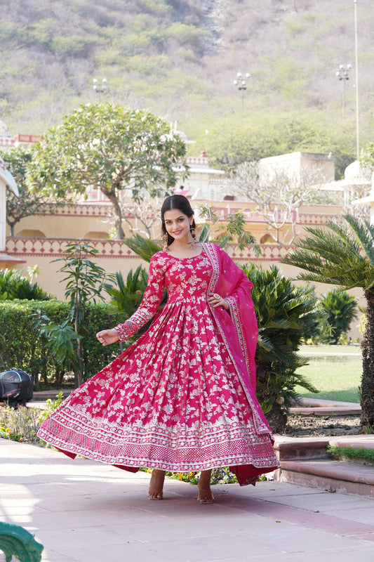 Women's Pink Viscose Jacquard Sequins Embroidered Anarkali Dress