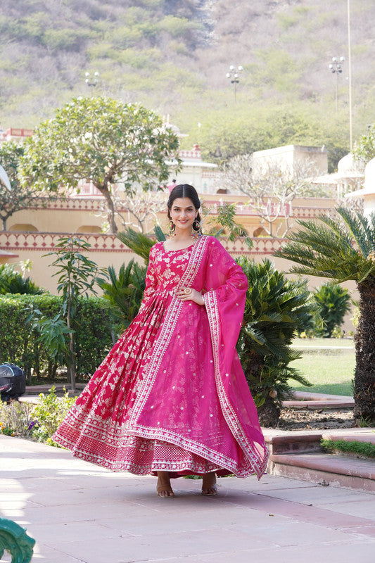 Women's Pink Viscose Jacquard Sequins Embroidered Anarkali Dress