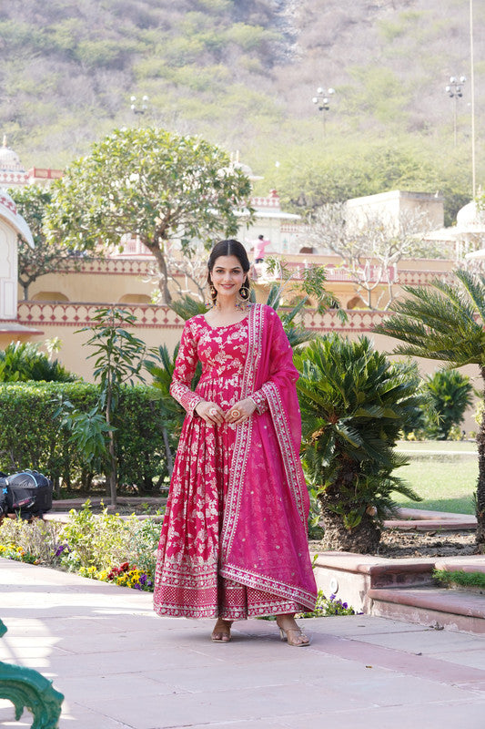 Pink Viscose Jacquard Anarkali dress with sequins embroidery for women
