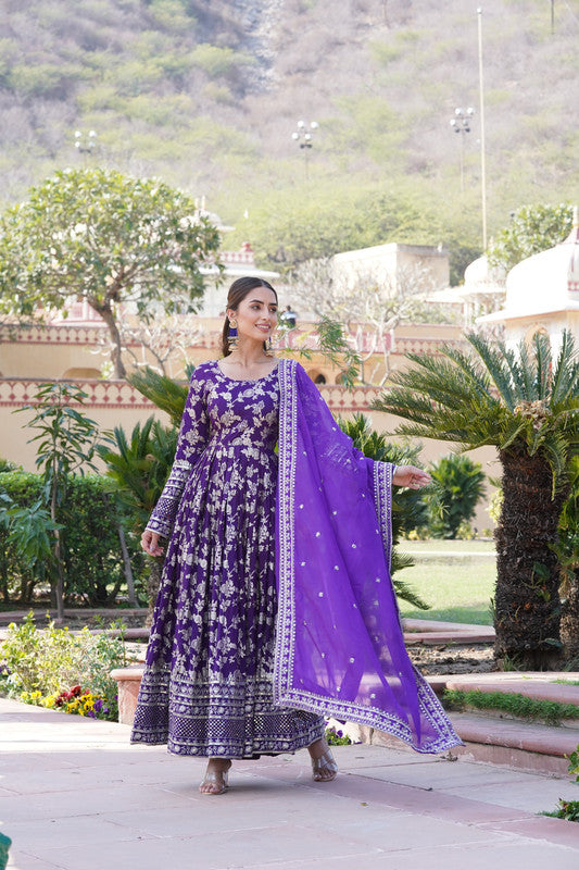 Women's Purple Viscose Jacquard Anarkali Dress with Sequins