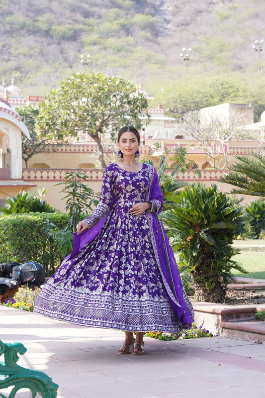 Women's Purple Viscose Jacquard Anarkali Dress with Sequins