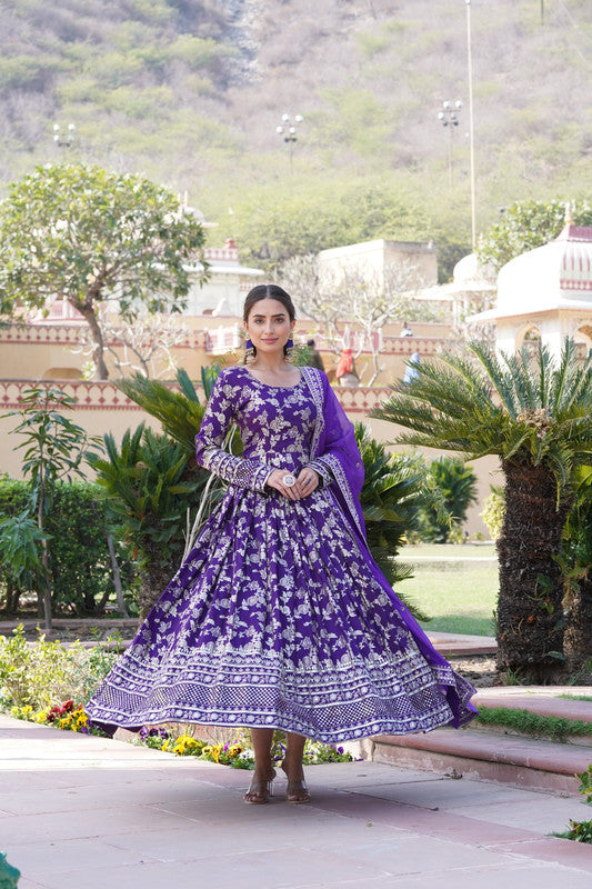 Women's Purple Viscose Jacquard Anarkali Dress with Sequins