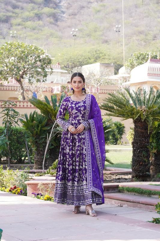 Purple viscose jacquard Anarkali dress with sequins embroidery