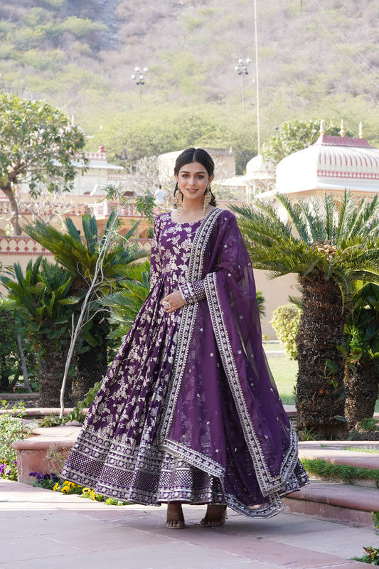 Wine Viscose Jacquard Sequins Embroidered Anarkali with Dupatta