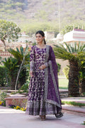 Wine Viscose Jacquard Anarkali dress with sequins embroidery
