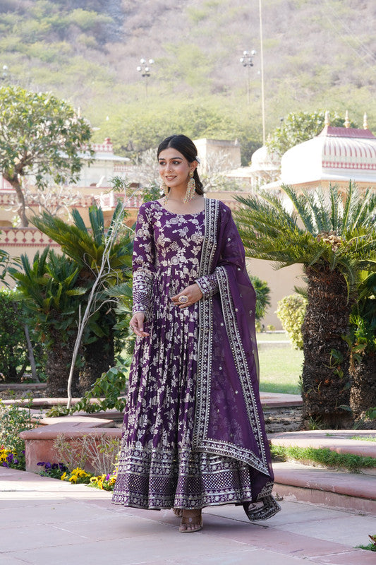 Wine Viscose Jacquard Anarkali dress with sequins embroidery