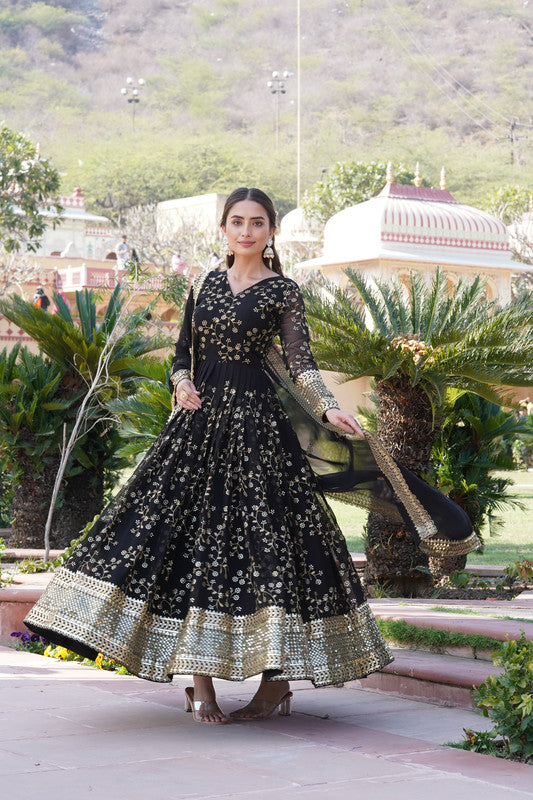 Jyoti Fashion Women's Black Faux Blooming Sequins Thread Embroidered Anarkali Dress with Dupatta