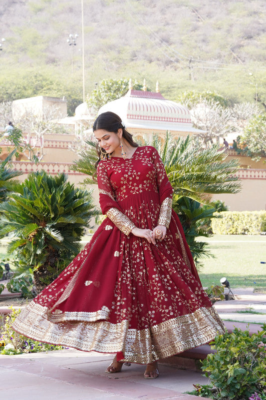 Maroon Faux Blooming Sequins Embroidered Anarkali Dress with Dupatta