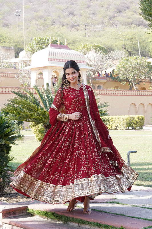 Maroon Faux Blooming Sequins Embroidered Anarkali Dress with Dupatta