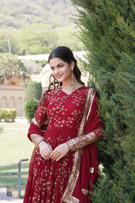 Maroon Faux Blooming Sequins Embroidered Anarkali Dress with Dupatta