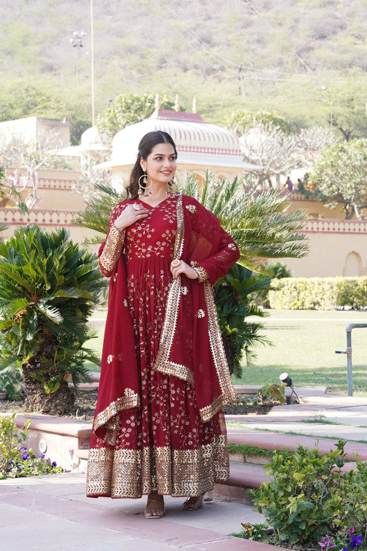 Maroon faux blooming Anarkali dress with sequins and thread embroidery and matching dupatta