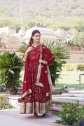 Maroon faux blooming Anarkali dress with sequins and thread embroidery and matching dupatta